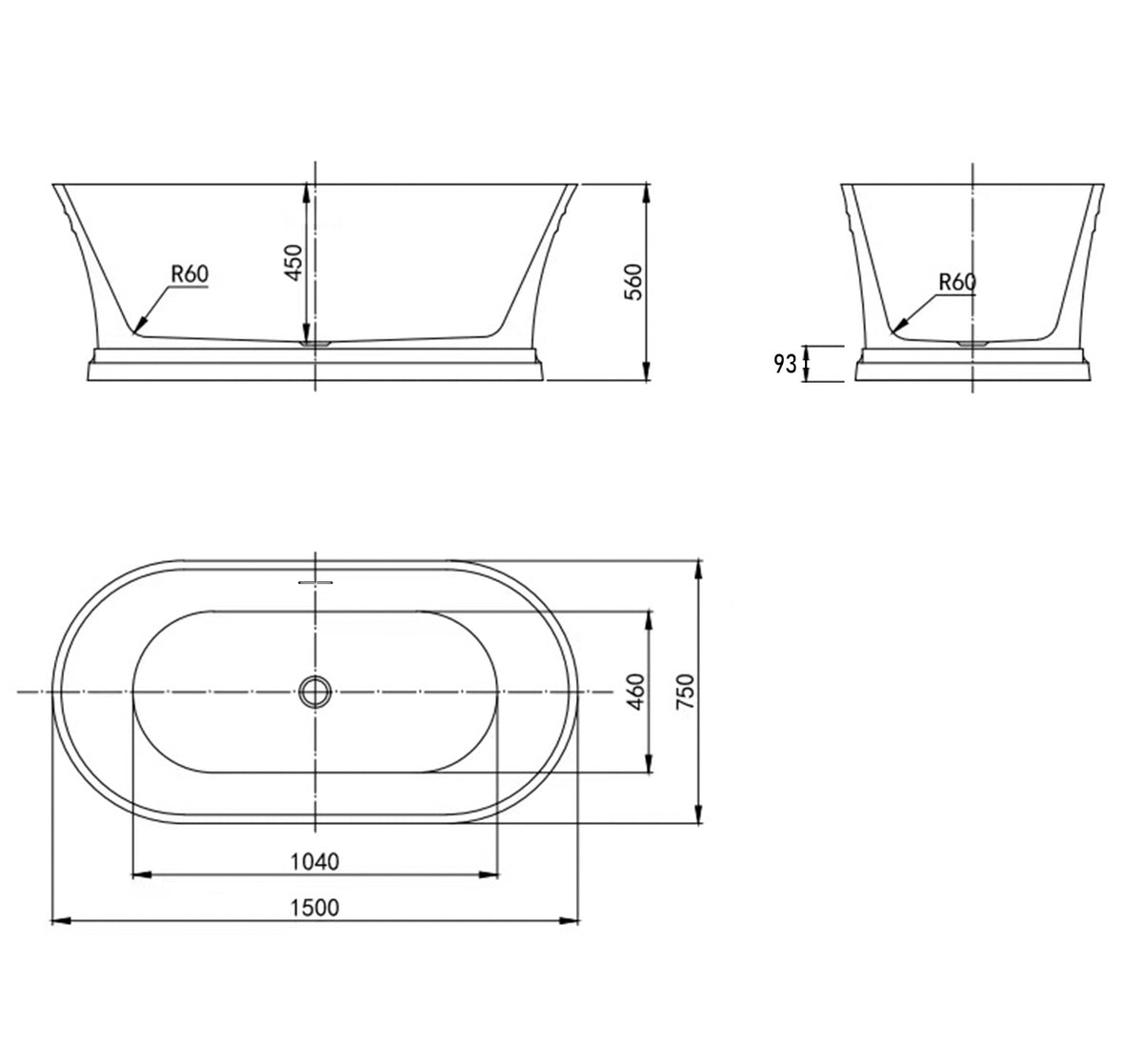 Hampton 1500x750x560 Gloss White Bathtub OF