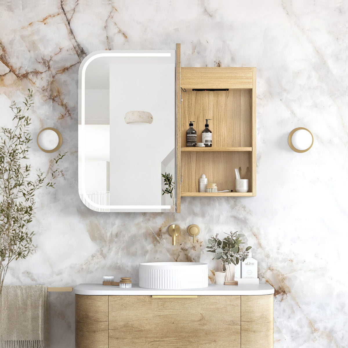 LED Newport 900(W)x750(H) Natural Oak Shaving Cabinet Premium Edition view 2