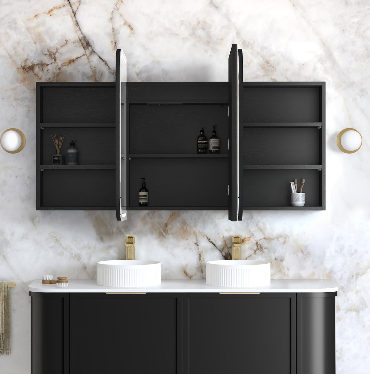 LED Newport 1500(W)x750(H) Black Oak Shaving Cabinet Premium Edition view 2