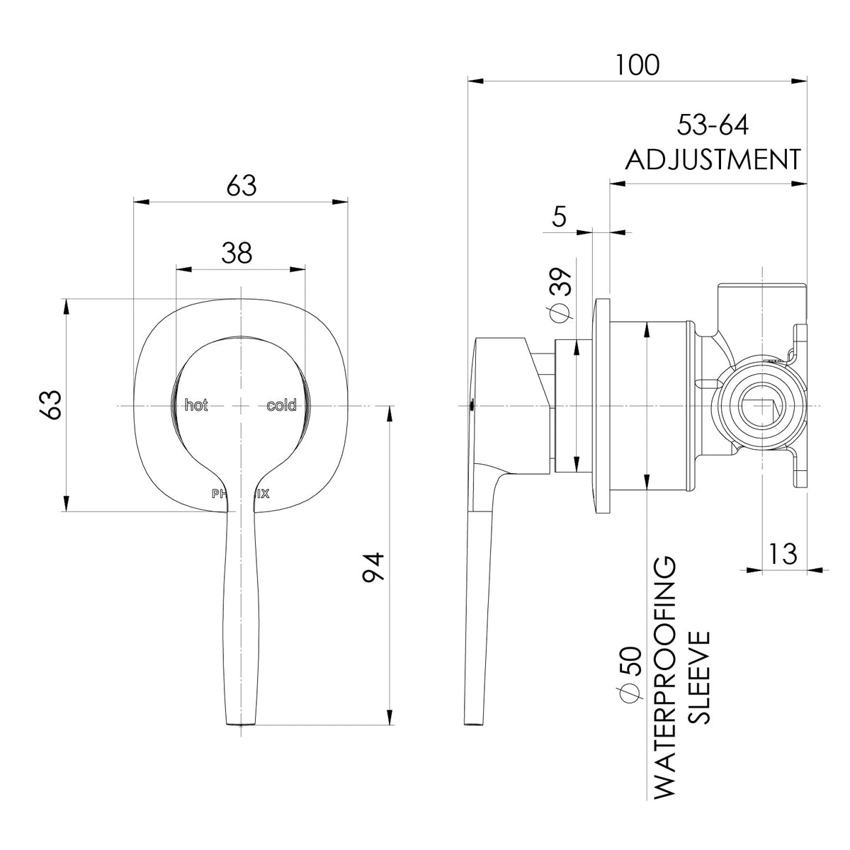 Specification diagram - Vask SwitchMix Shower / Wall Mixer (Fit-Off Kit Only)