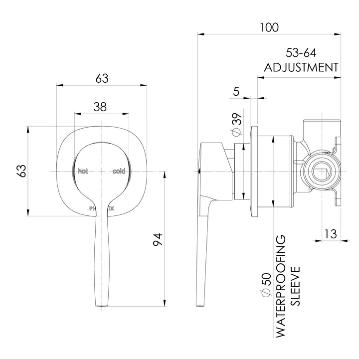Specification diagram - Vask SwitchMix Shower / Wall Mixer (Fit-Off Kit Only)