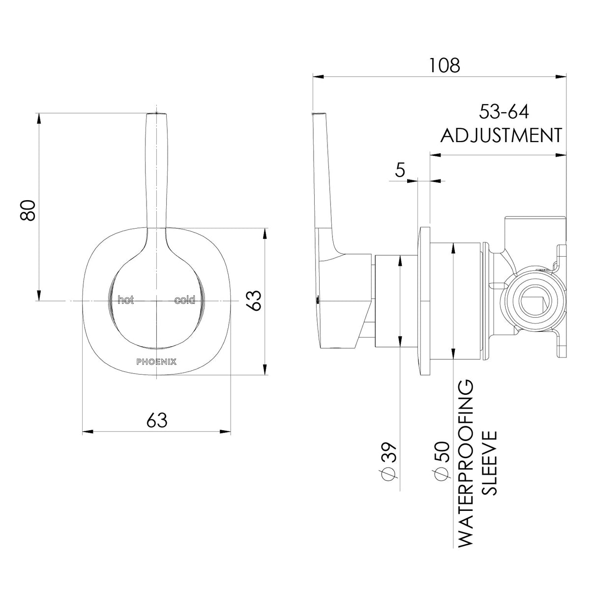 Specification diagram - Vask SwitchMix Shower / Wall Mixer Pin Up (Fit-Off Kit Only)