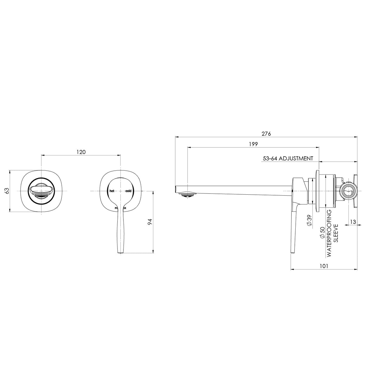 Specification diagram - Phoeinx Vask SwitchMix Wall Basin / Bath Mixer Set (Fit-Off Kit Only)
