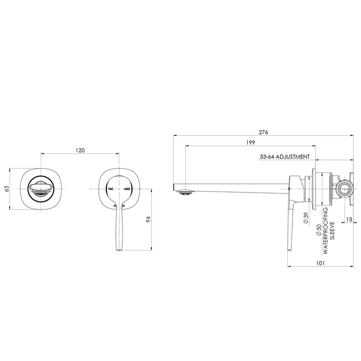 Specification diagram - Phoeinx Vask SwitchMix Wall Basin / Bath Mixer Set (Fit-Off Kit Only)
