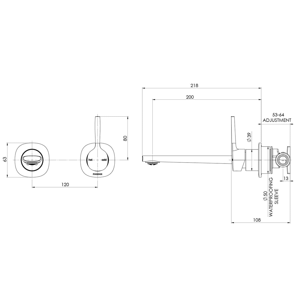 Specification diagram - Vask SwitchMix Wall Basin / Bath Mixer Set Pin Up (Fit-Off Kit Only)