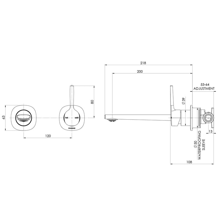 Specification diagram - Vask SwitchMix Wall Basin / Bath Mixer Set Pin Up (Fit-Off Kit Only)