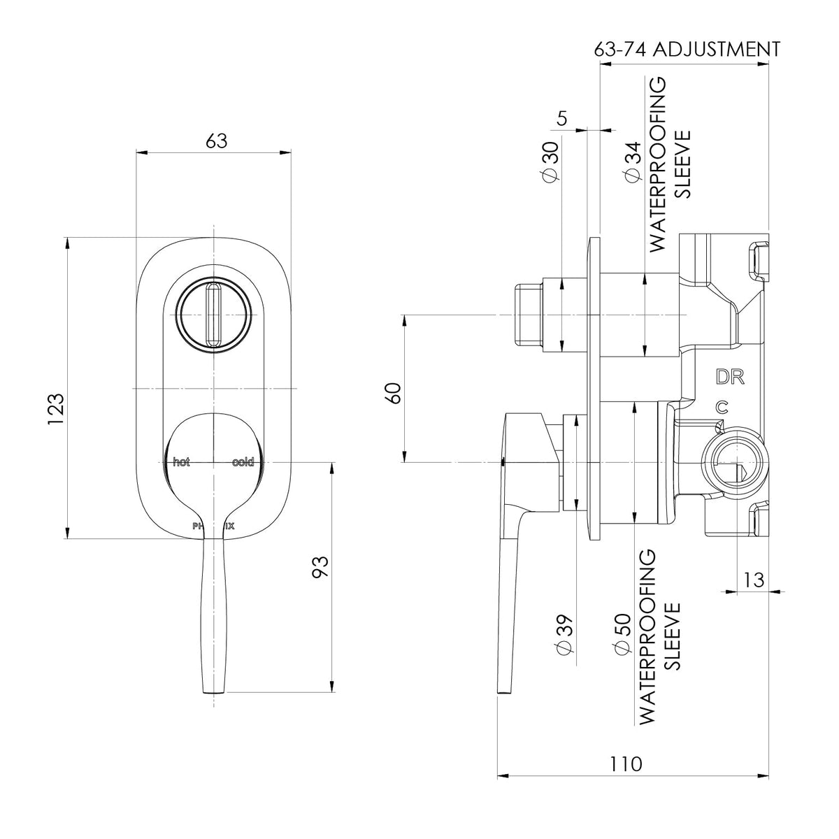 Specification diagram - Vask SwitchMix Shower / Bath Diverter Mixer (Fit-Off Kit Only)
