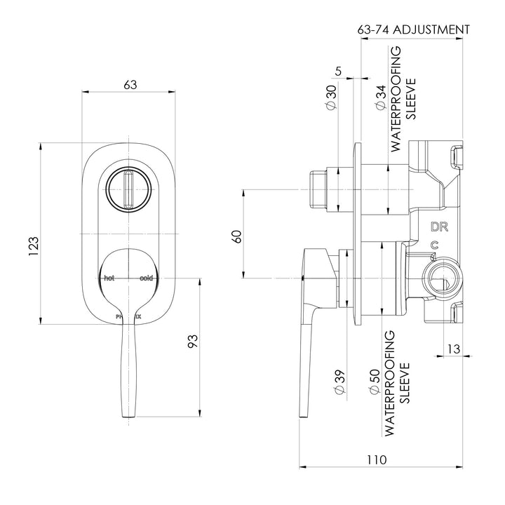 Specification diagram - Vask SwitchMix Shower / Bath Diverter Mixer (Fit-Off Kit Only)