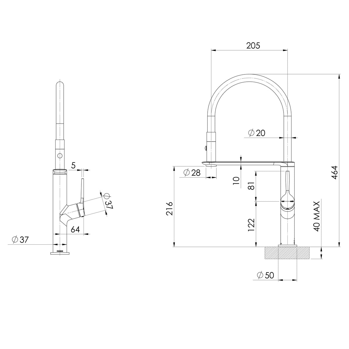 Specification diagram - Vask Flexible Hose Sink Mixer 200mm