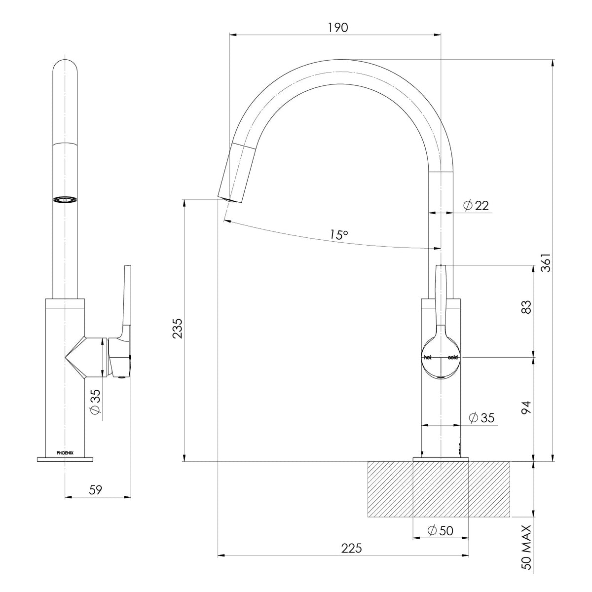 Specification diagram - Vask Sink Mixer 190mm