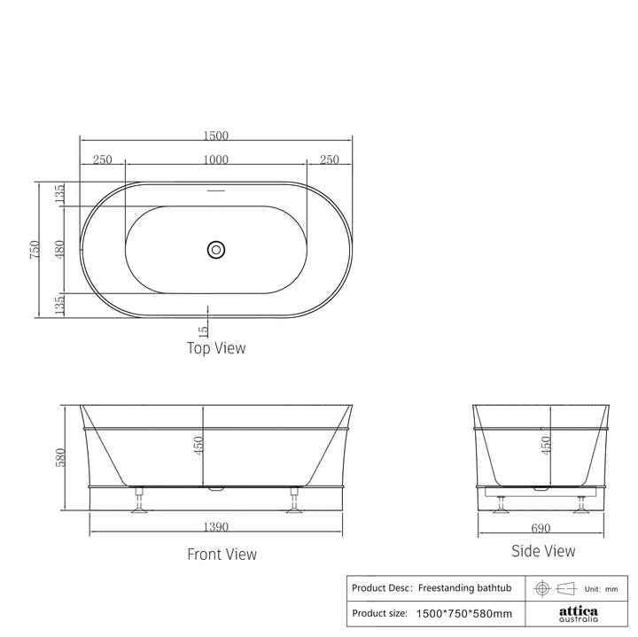 Attica Bondi 1500 Matte White Bath with Overflow