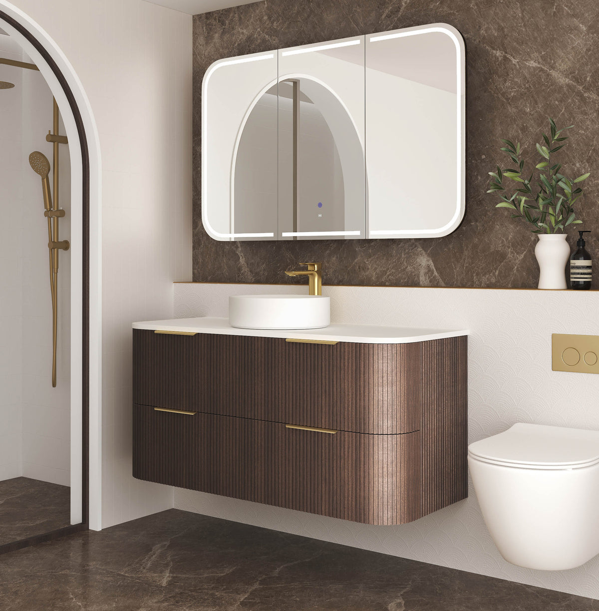 Havana Fluted 1200mm Sable Walnut Wall Hung Curve Vanity