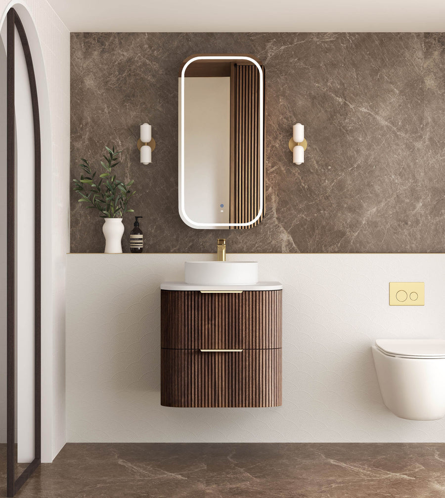 Havana Fluted 600mm Sable Walnut Wall Hung Curve Vanity - Cabinet Only
