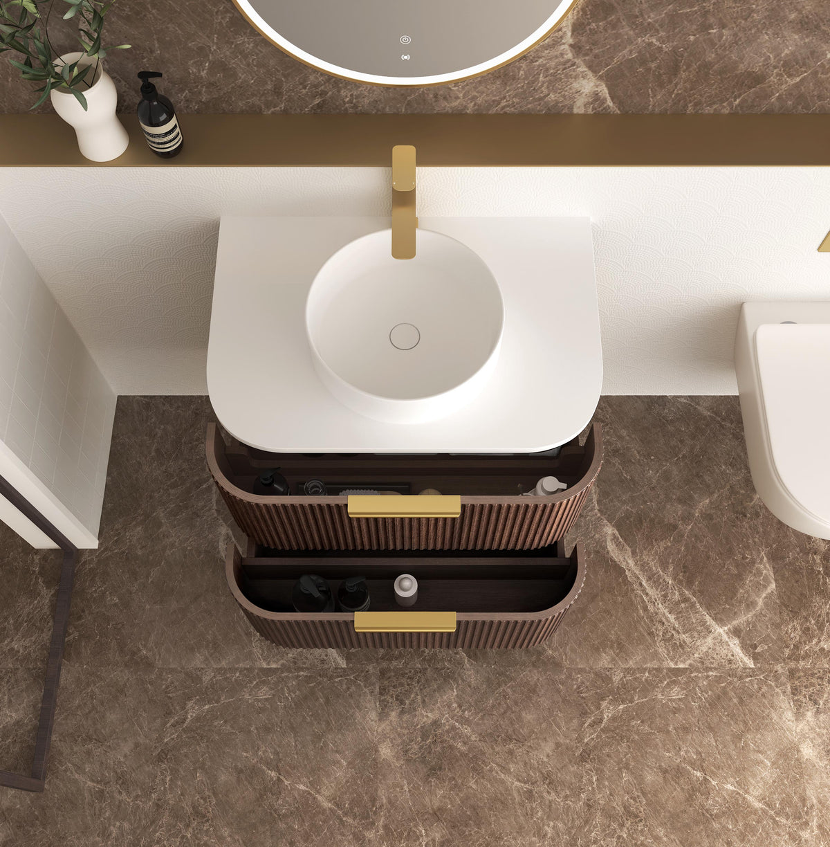 Havana Fluted 750mm Sable Walnut Wall Hung Curve Vanity