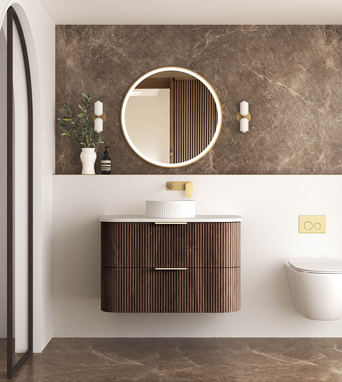Havana Fluted 900mm Sable Walnut Wall Hung Curve Vanity - Cabinet Only