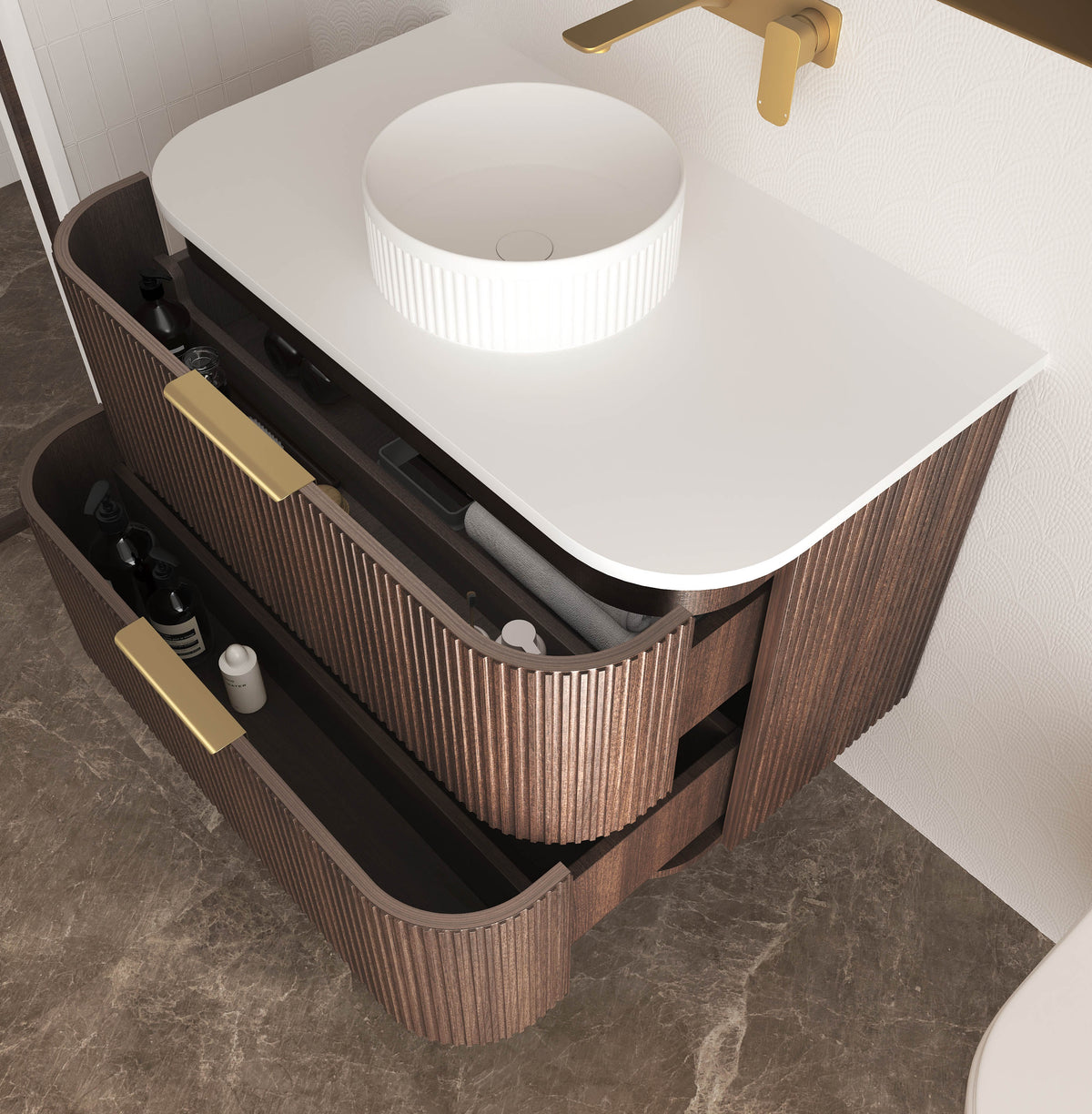 Havana Fluted 900mm Sable Walnut Wall Hung Curve Vanity