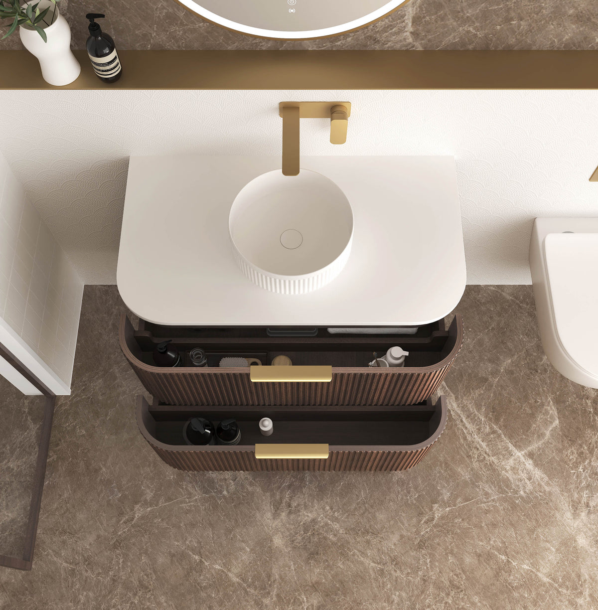 Havana Fluted 900mm Sable Walnut Wall Hung Curve Vanity