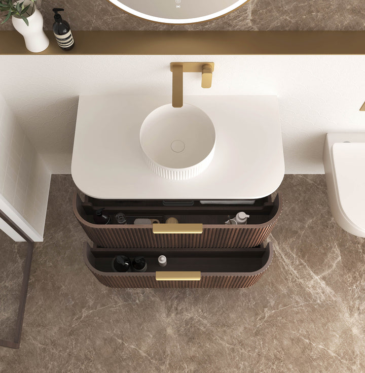 Havana Fluted 900mm Sable Walnut Wall Hung Curve Vanity