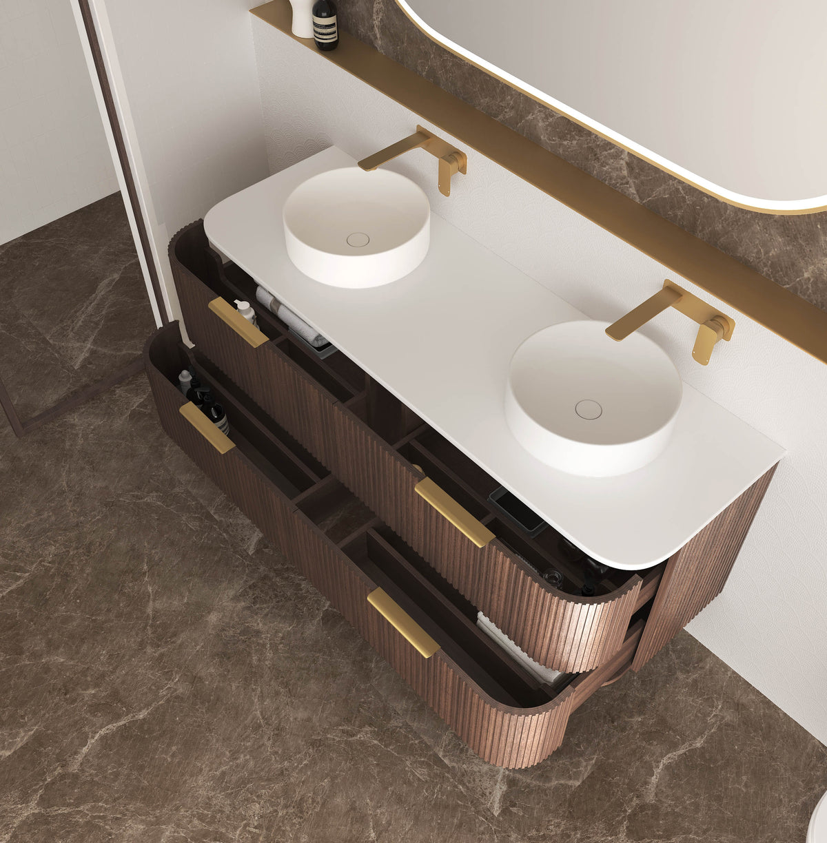 Havana Fluted 1500mm Sable Walnut Wall Hung Curve Vanity
