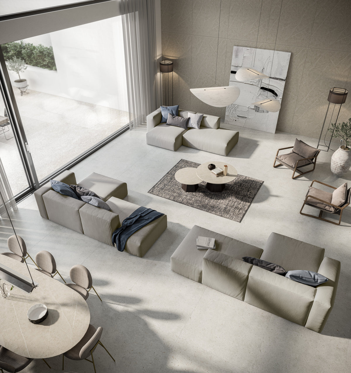Dekton Polar in a living room with Dekton Adia