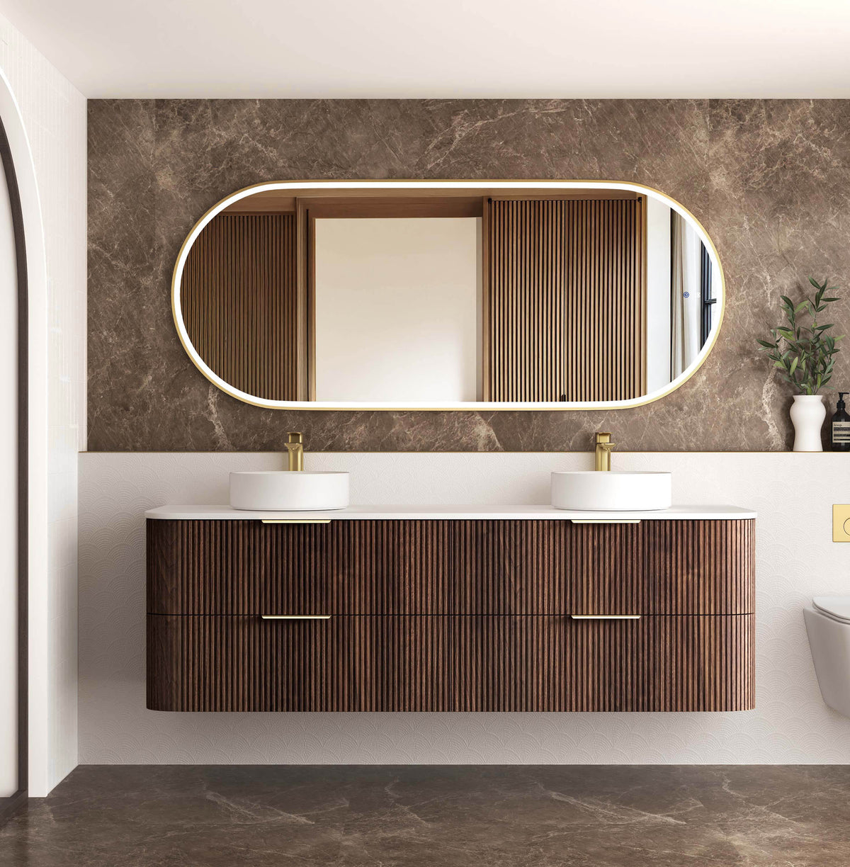 Havana Fluted 1800mm Sable Walnut Wall Hung Curve Vanity - Cabinet Only