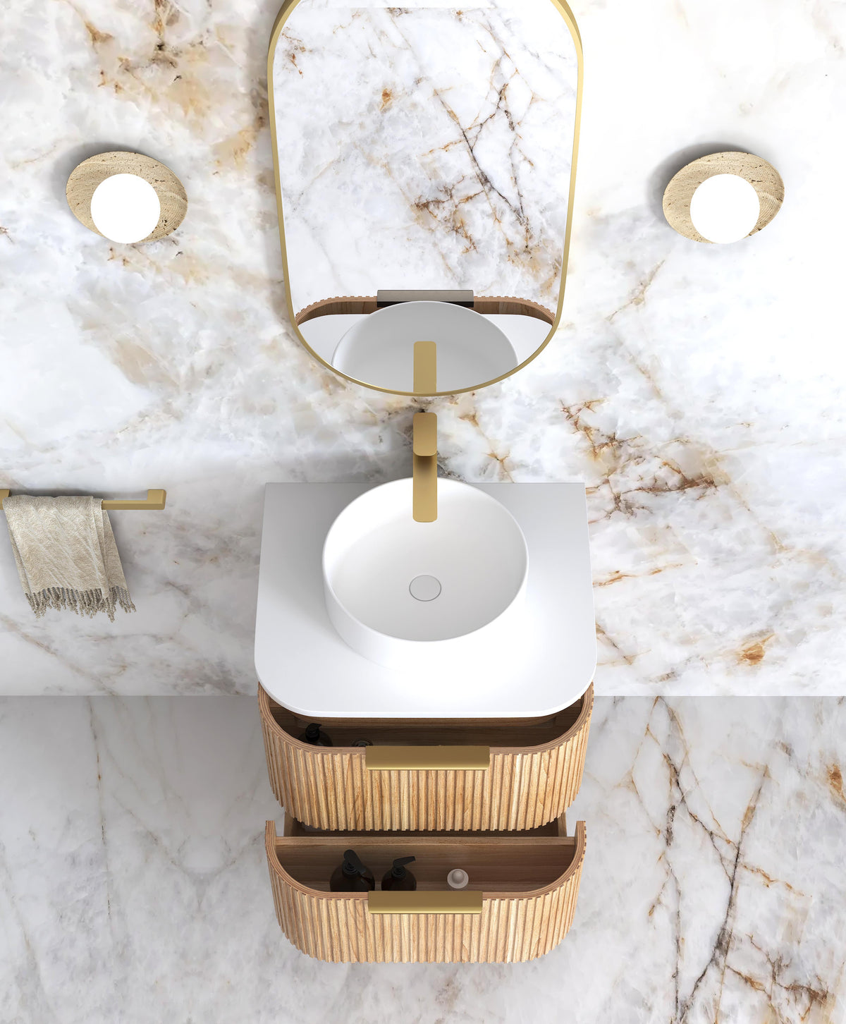 Havana Fluted 600mm Woodland Oak Wall Hung Curve Vanity