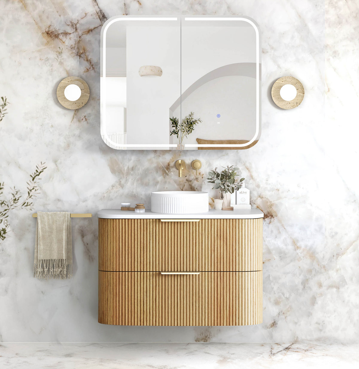 Havana Fluted 900mm Woodland Oak Wall Hung Curve Vanity - Cabinet Only
