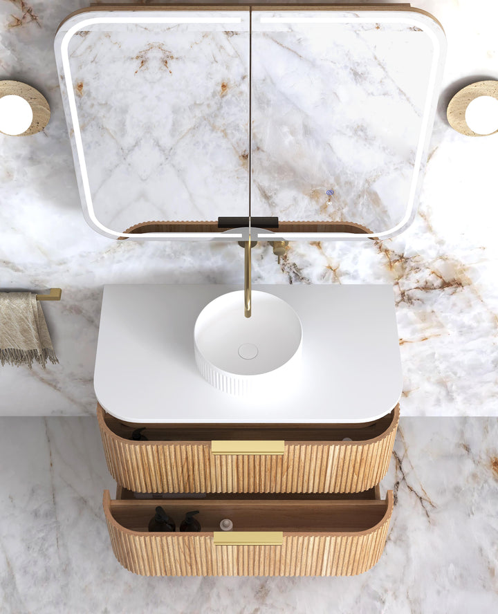 Havana Fluted 900mm Woodland Oak Wall Hung Curve Vanity