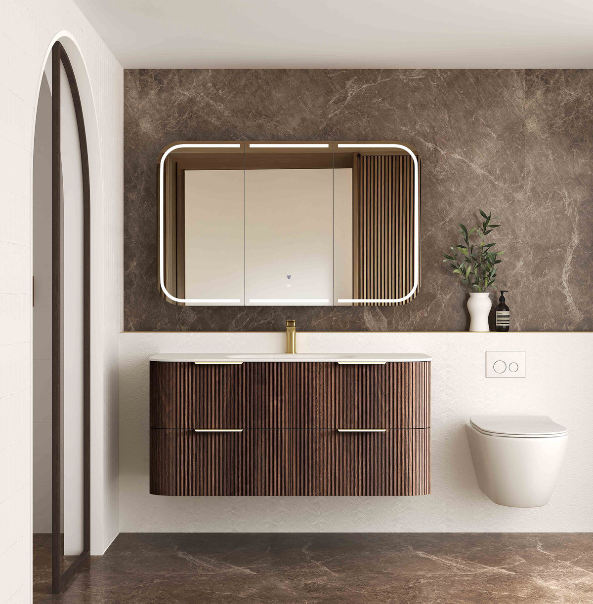 Havana Fluted 1200mm Sable Walnut Wall Hung Curve Vanity - 12mm Moulded Top (Chloe Silk)