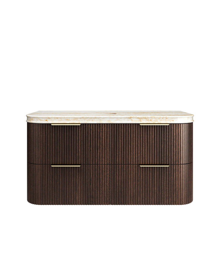Havana Fluted 1200mm Sable Walnut Wall Hung Curve Vanity - 50mm English Edge (Sand Dune)
