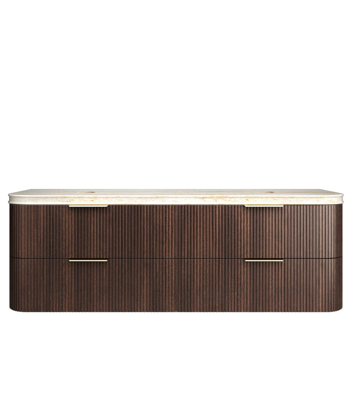 Havana Fluted 1800mm Sable Walnut Wall Hung Curve Vanity, 50mm English Edge (Sand Dune)
