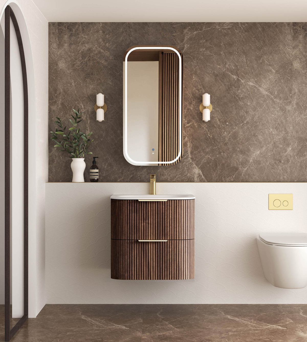 Havana Fluted 600mm Sable Walnut Wall Hung Curve Vanity - 12mm Moulded Top (Chloe Silk)