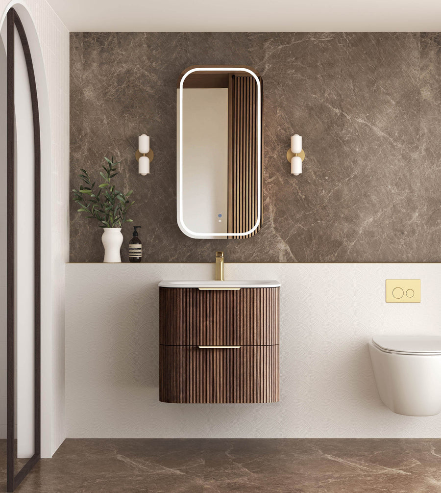 Havana Fluted 600mm Sable Walnut Wall Hung Curve Vanity - 12mm Moulded Top (Chloe Silk)