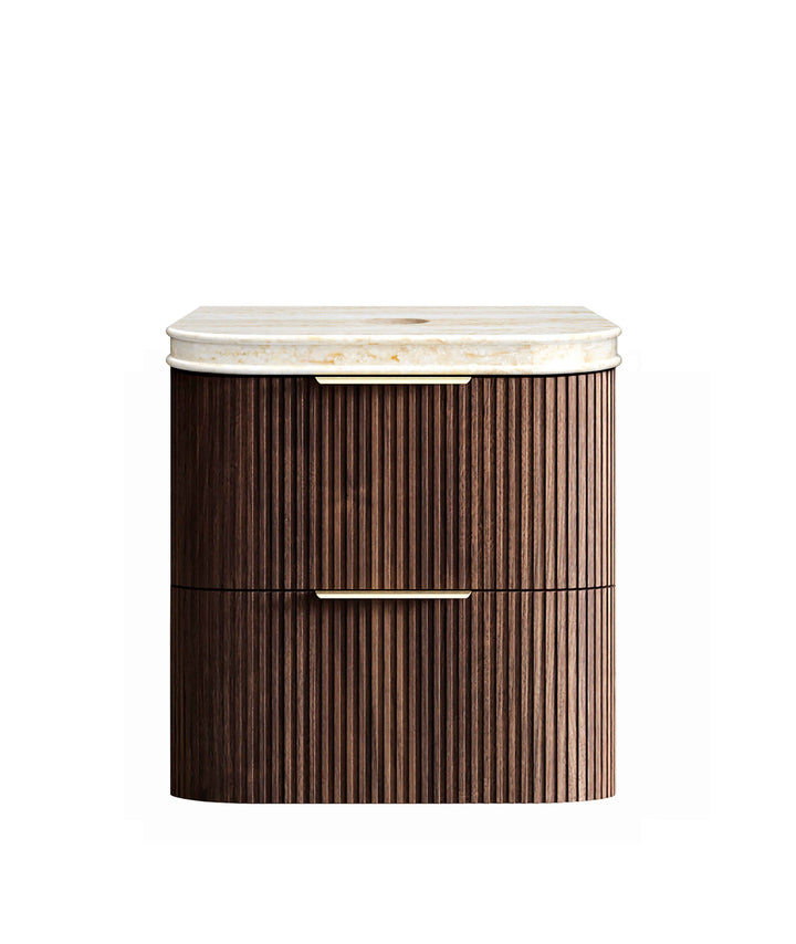 Havana Fluted 600mm Sable Walnut Wall Hung Curve Vanity, 50mm English Edge (Sand Dune)