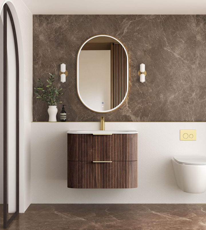 Havana Fluted 750mm Sable Walnut Wall Hung Curve Vanity - 12mm Moulded Top (Chloe Silk)