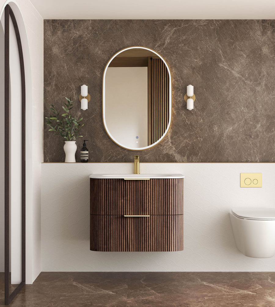 Havana Fluted 750mm Sable Walnut Wall Hung Curve Vanity - 12mm Moulded Top (Chloe Silk)
