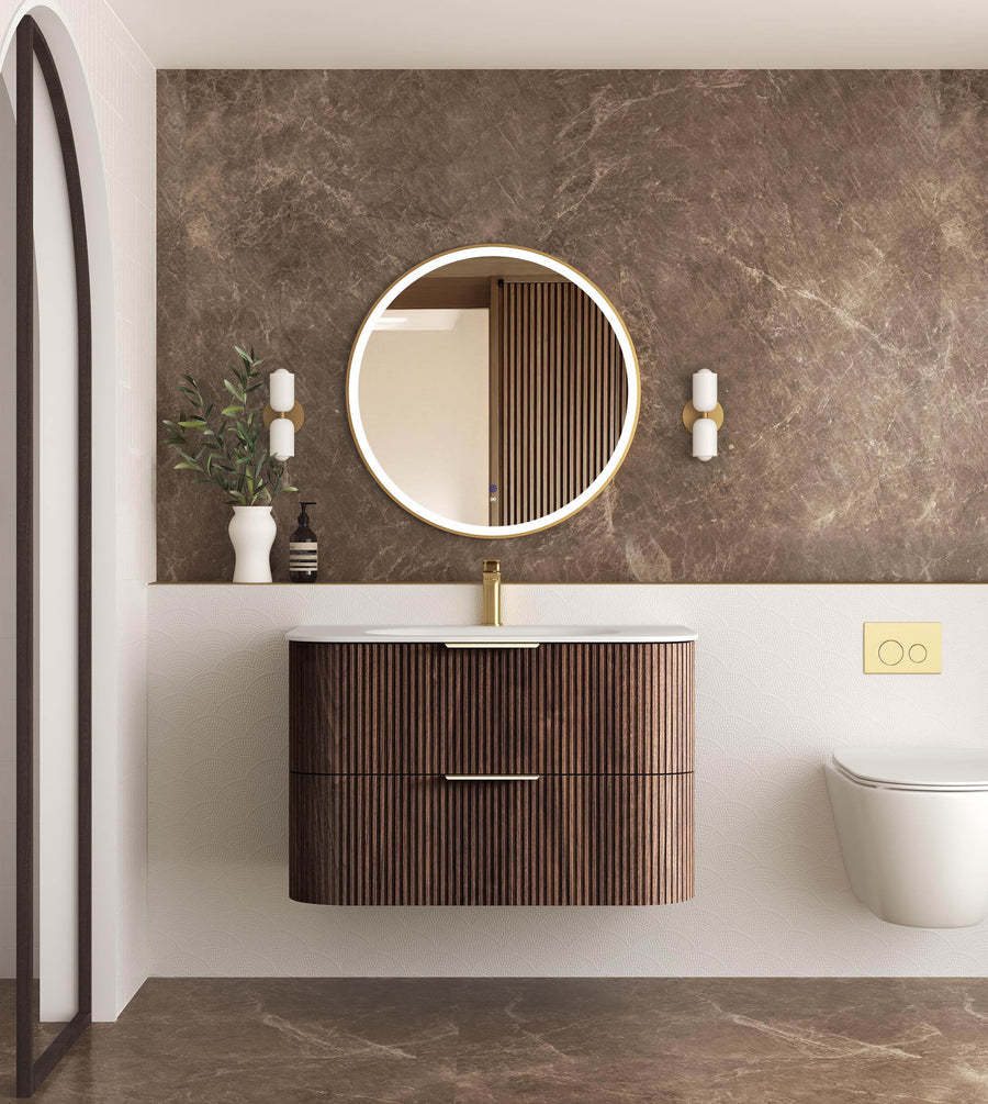 Havana Fluted 900mm Sable Walnut Wall Hung Curve Vanity - 12mm Moulded Top (Chloe Silk)
