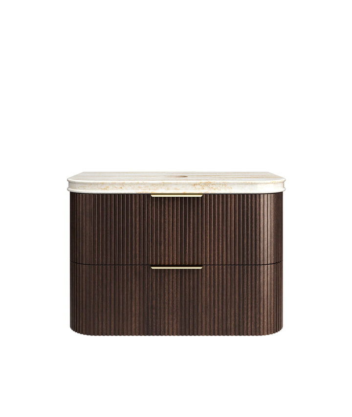 Havana Fluted 900mm Sable Walnut Wall Hung Curve Vanity - 50mm English Edge (Sand Dune)