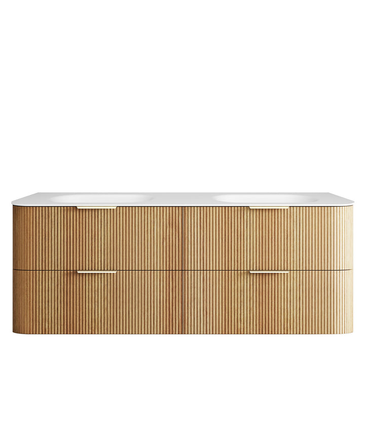 Havana Fluted 1500mm Woodland Oak Wall Hung Curve Vanity - 12mm Moulded Top (Chloe Silk)