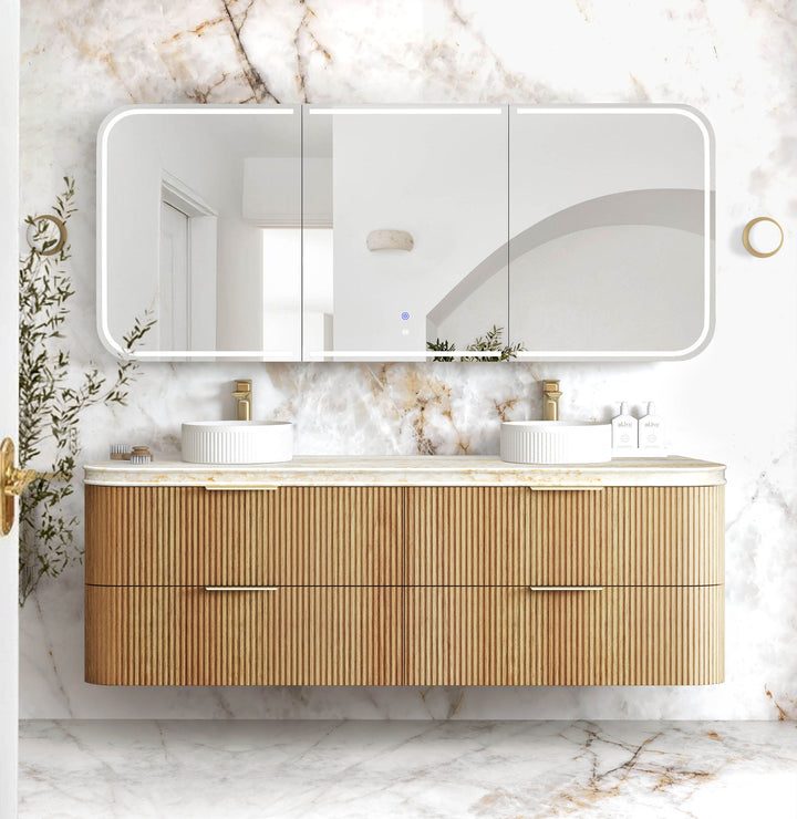 Havana Fluted 1800mm Woodland Oak Wall Hung Curve Vanity - 50mm English Edge (Sand Dune)