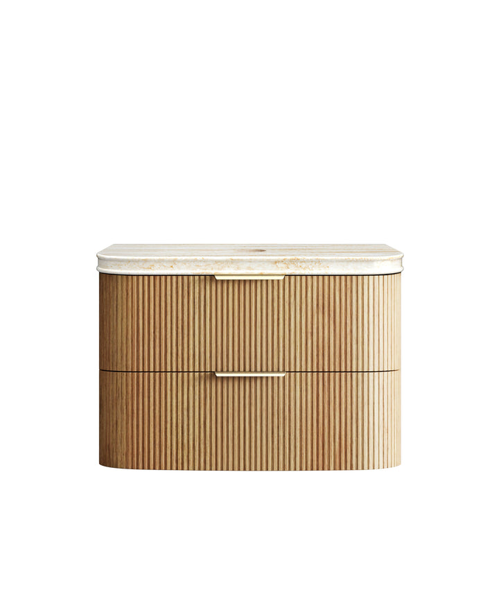 Havana Fluted 900mm Woodland Oak Wall Hung Curve Vanity - 50mm English Edge (Sand Dune)