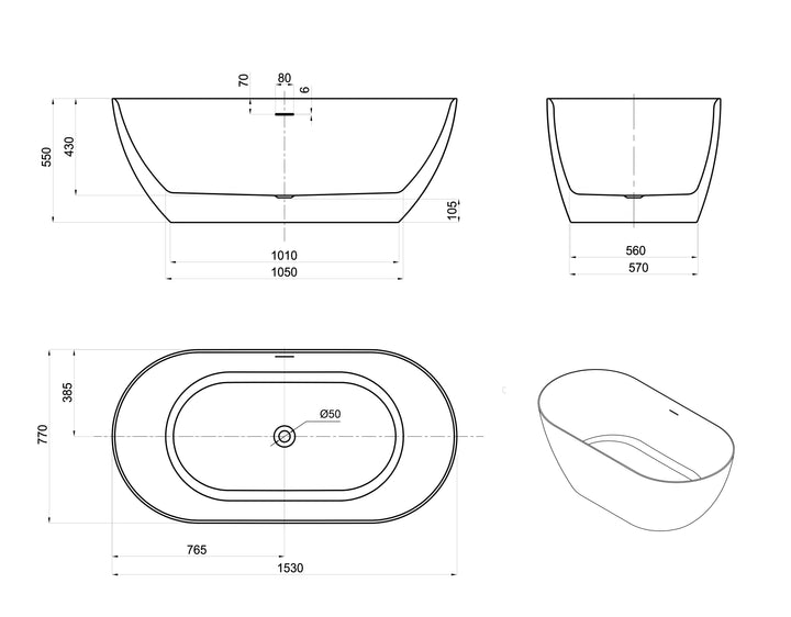 Attica Manolo 1530 Matte White Bath with Overflow