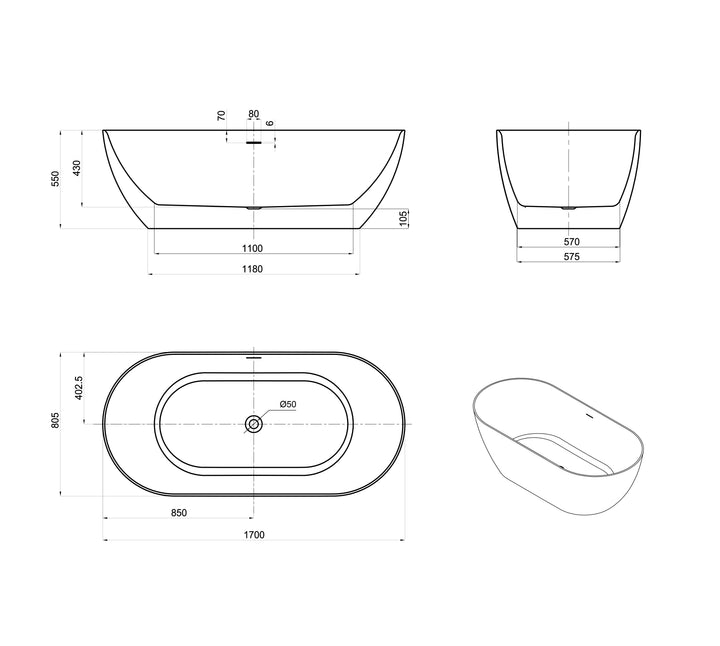 Attica Manolo 1700 Matte White Bath with Overflow