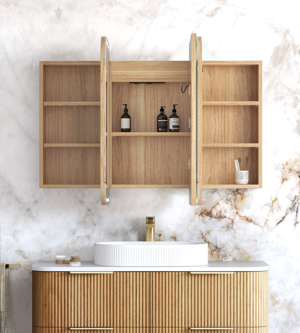 LED Newport 1200(W)x750(H) Woodland Oak Shaving Cabinet Premium Edition view 2