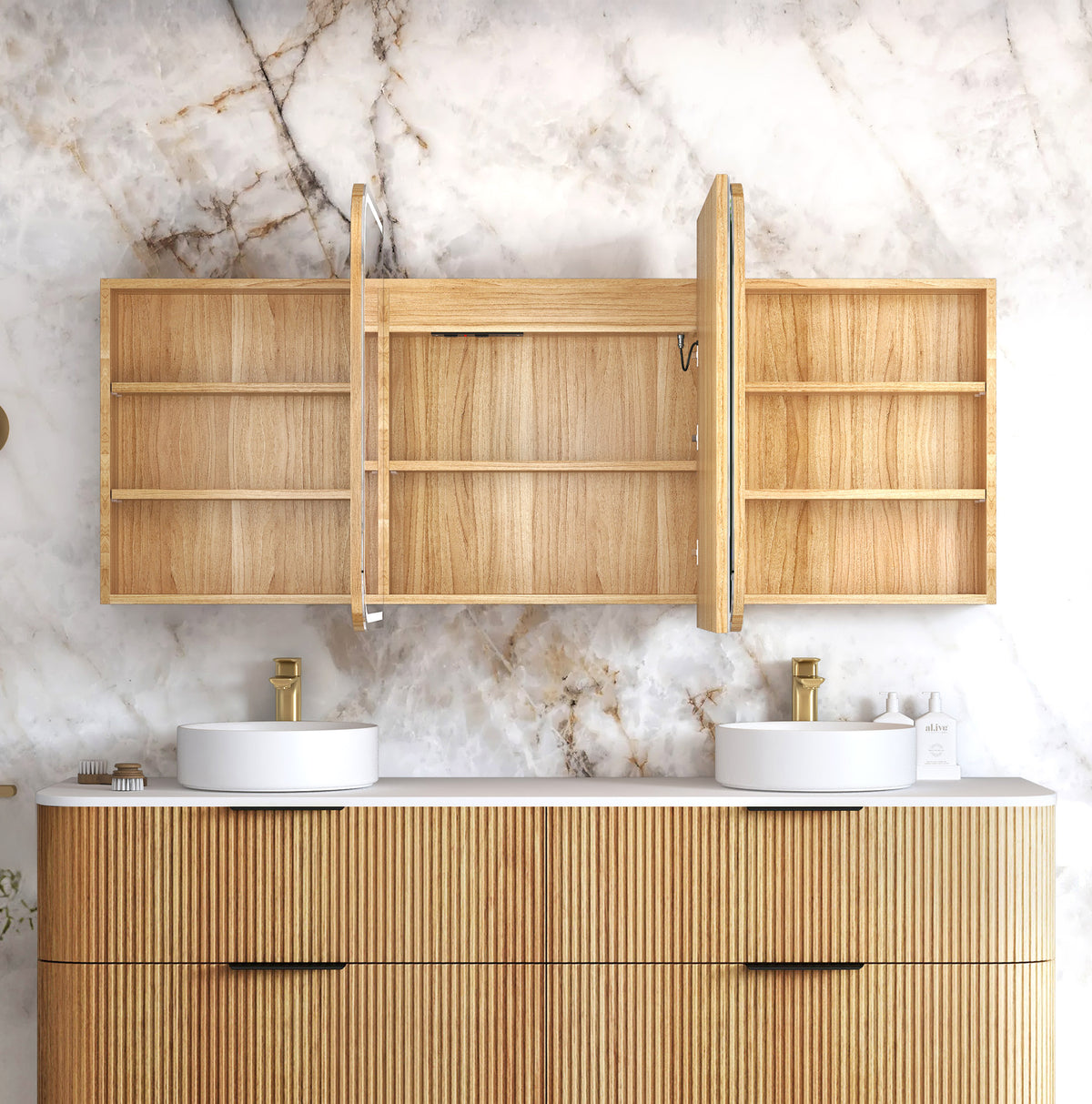 LED Newport 1800(W)x750(H) Woodland Oak Shaving Cabinet Premium Edition view 2