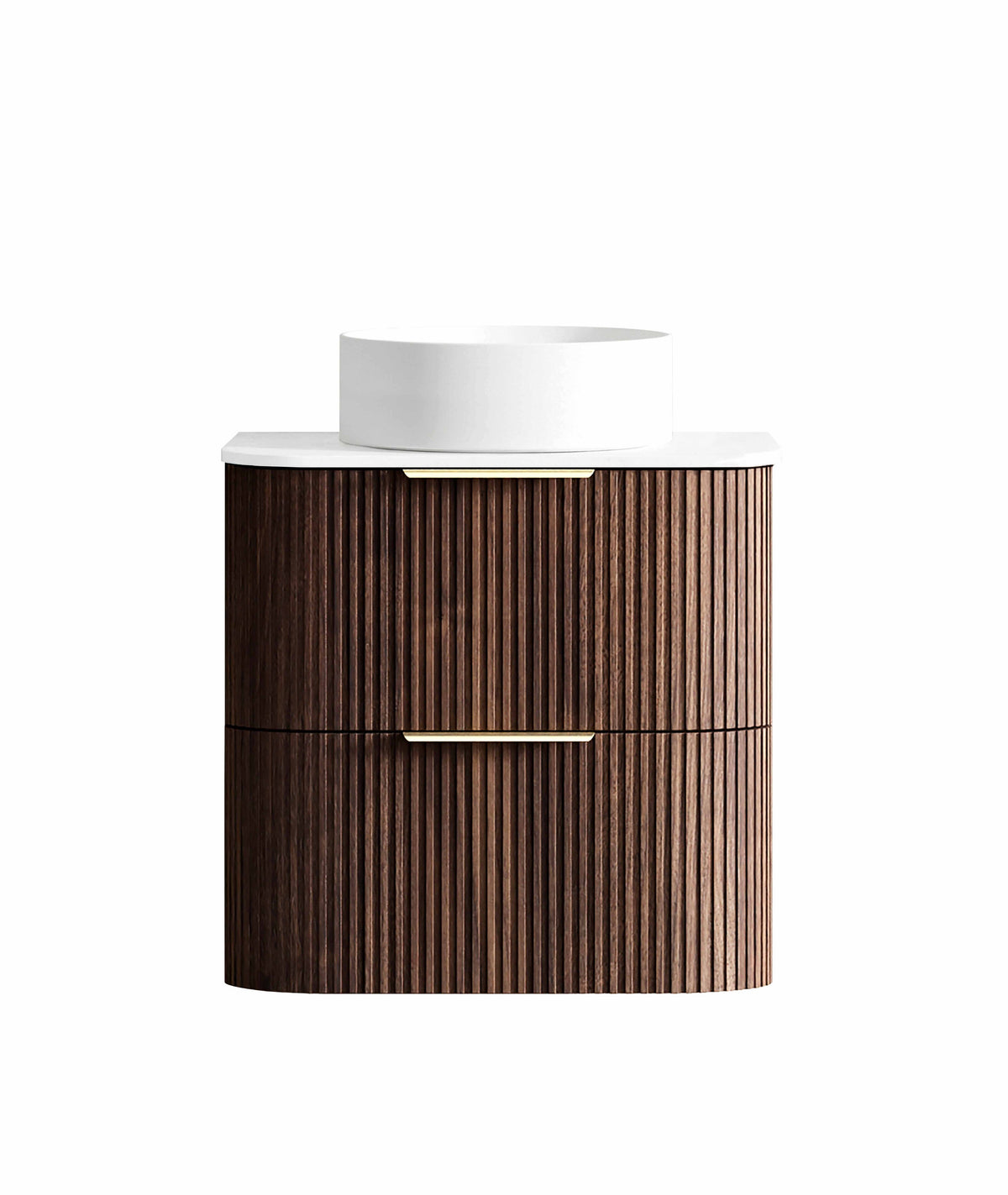 Havana Fluted 600mm Sable Walnut Wall Hung Curve Vanity, Ultra Delux Stone Top (Silica Free Pure White)