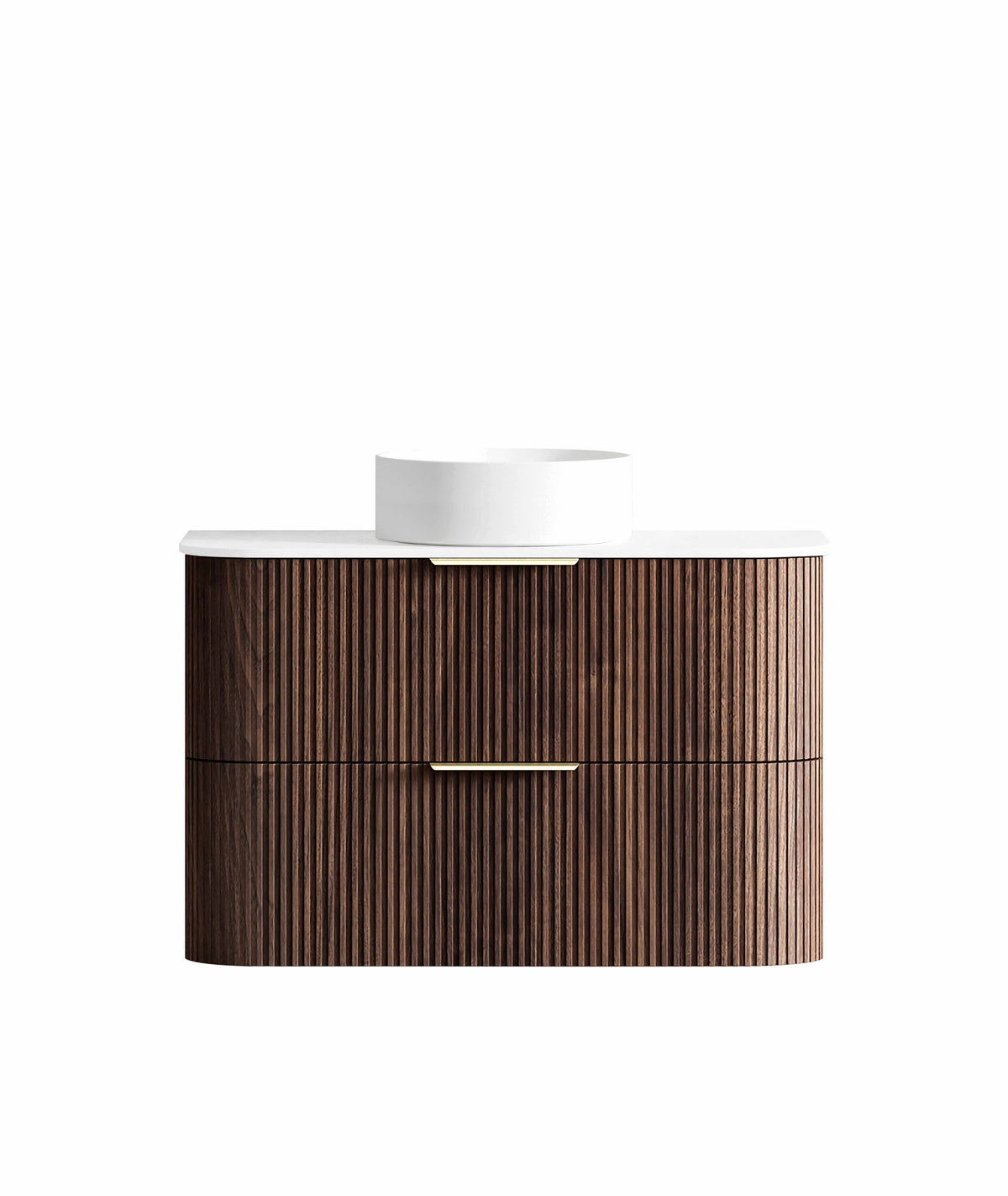 Havana Fluted 900mm Sable Walnut Wall Hung Curve Vanity, Ultra Delux Stone Top (Silica Free Pure White)