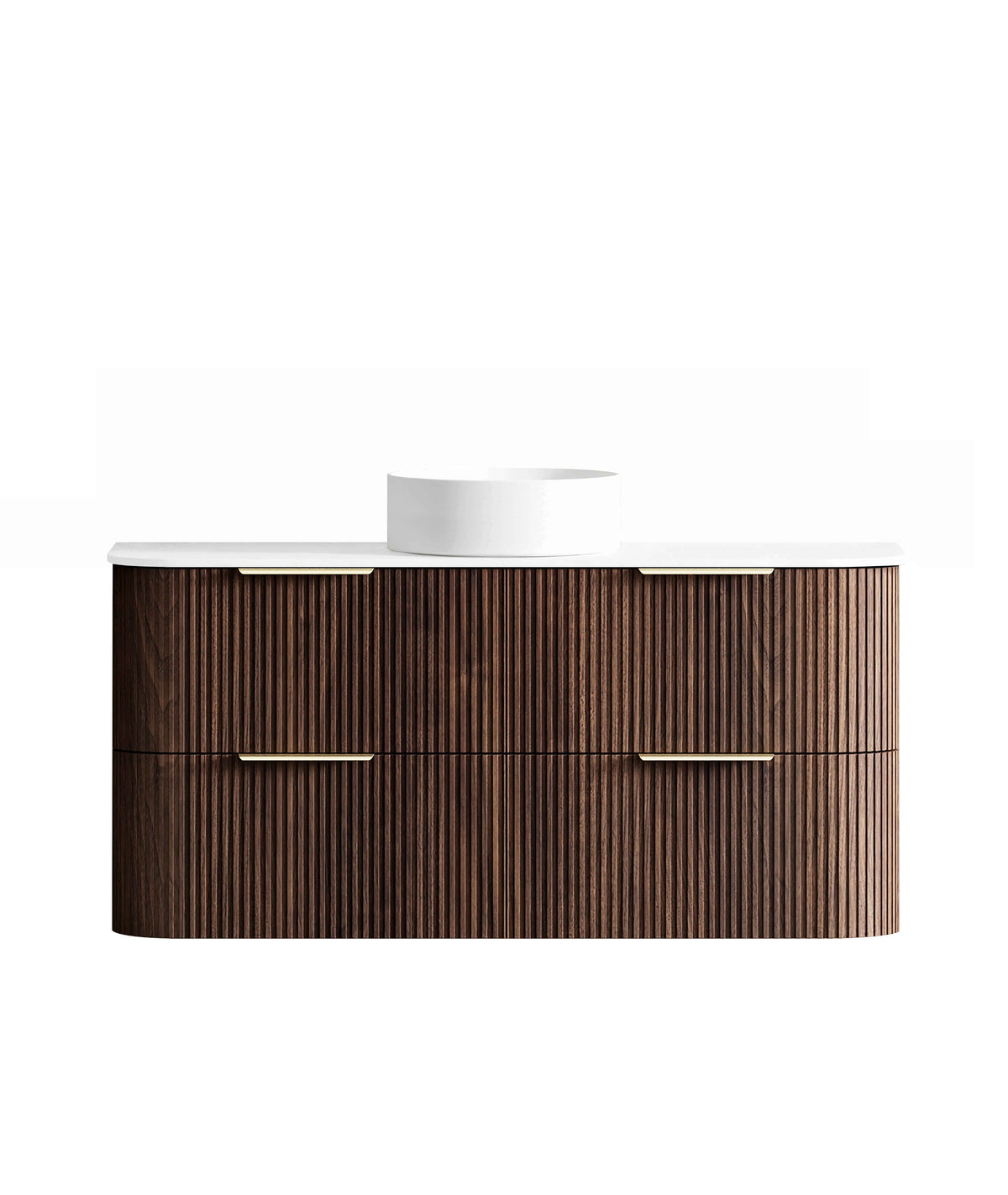Havana Fluted 1200mm Sable Walnut Wall Hung Curve Vanity, Ultra Delux Stone Top (Silica Free Pure White)