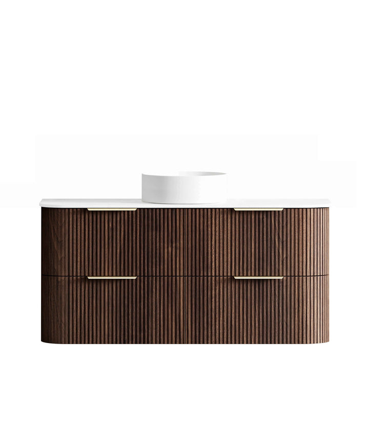 Havana Fluted 1200mm Sable Walnut Wall Hung Curve Vanity, Ultra Delux Stone Top (Silica Free Pure White)