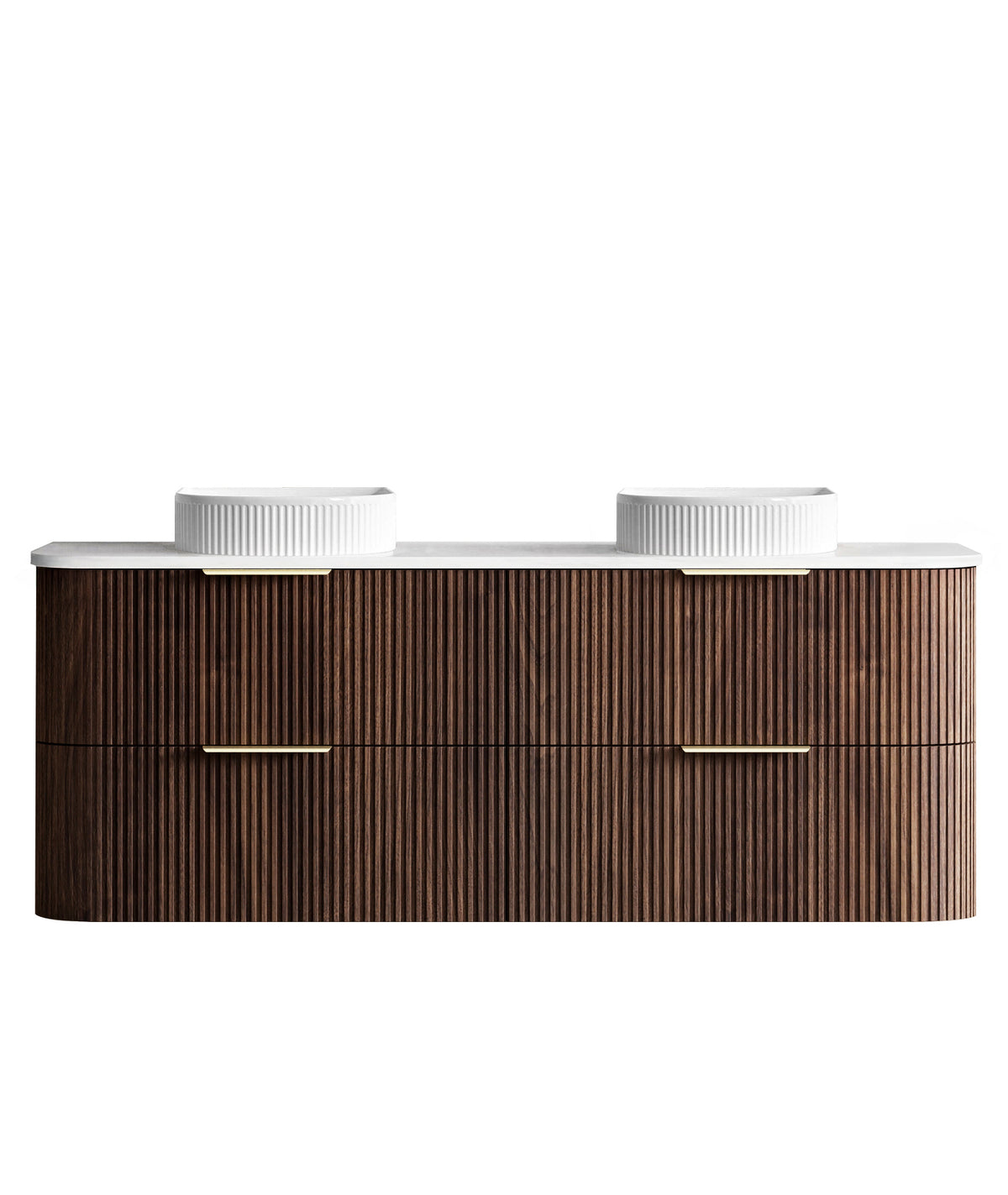 Havana Fluted 1500mm Sable Walnut Wall Hung Curve Vanity - Ultra Delux Stone Top (Silica Free Pure White)